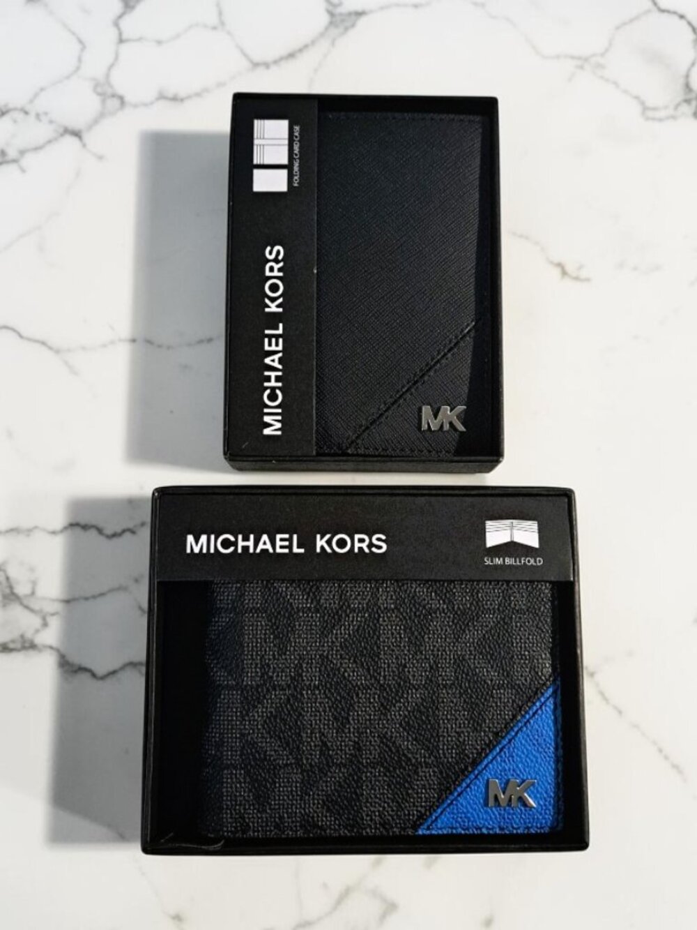 Michael Kors Men’s Black & Blue Card Case Wallet with Metallic Logo NWT